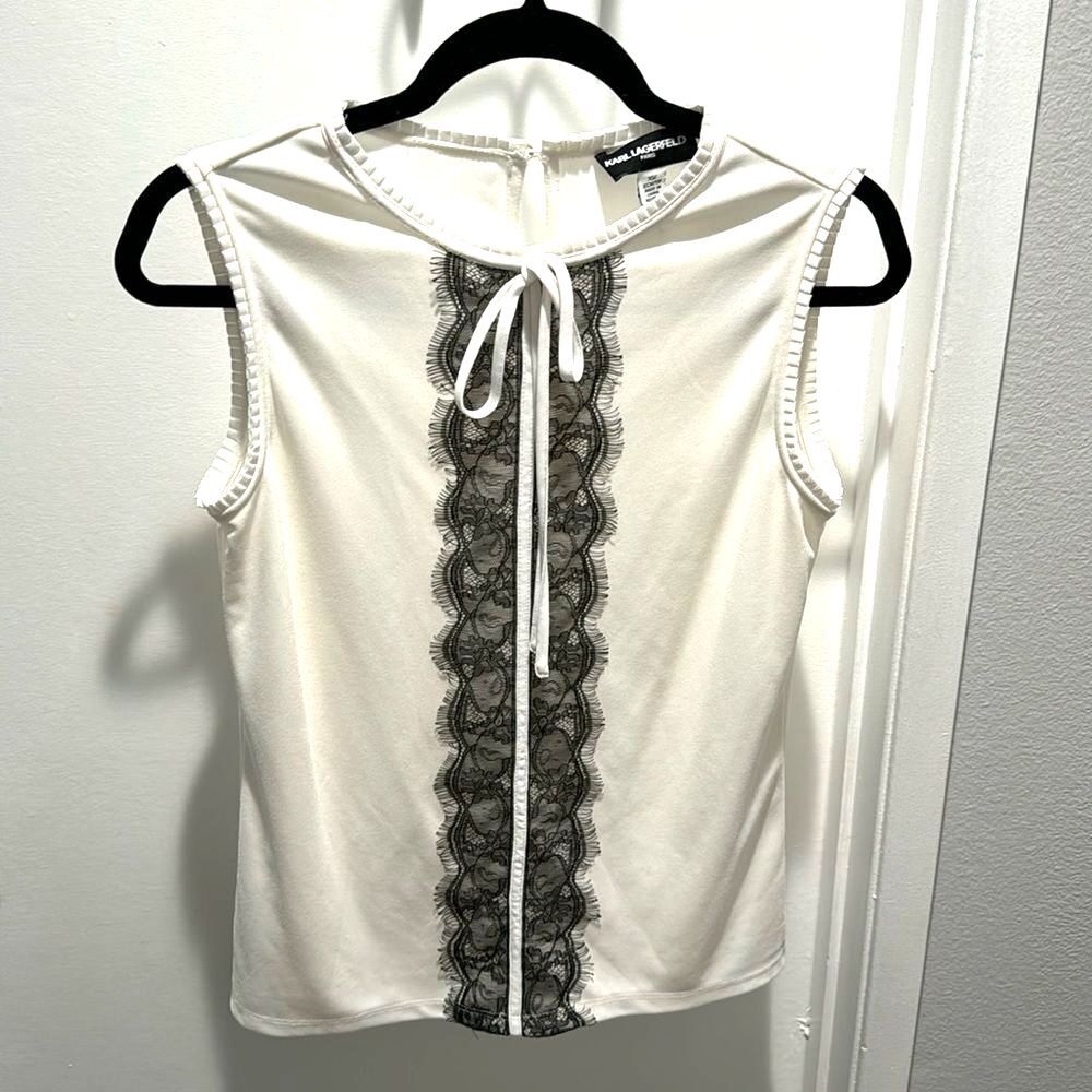 Karl Lagerfeld Women's Lace Blouse Top Sleeveless White Black XS Stretch
